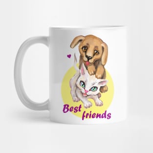 Cute small cat and dog. Sweet little baby pets. Kitten and puppy friends. Mug